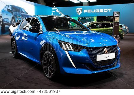 Peugeot E-208 Electric Car At The Brussels Autosalon European Motor Show. Brussels, Belgium - Januar