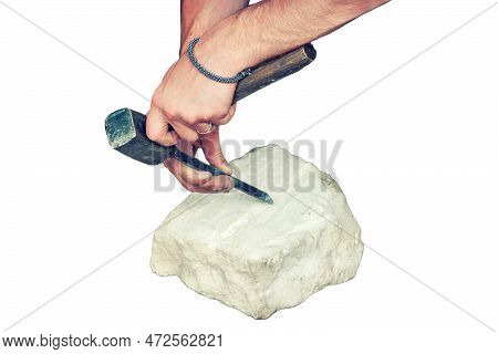 Retro Mason In The Quarry Beats A Hammer On The Stone, Isolated On A White Background. Bricklayer Br