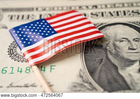 Usa Amera Flag On Us Dollar Banknotes, Import Export Finance Business Concept.