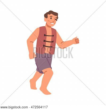 Boy Child Wearing Saving Inflatable Jacket And Swimming Shorts Running And Smiling. Isolated Kid Res