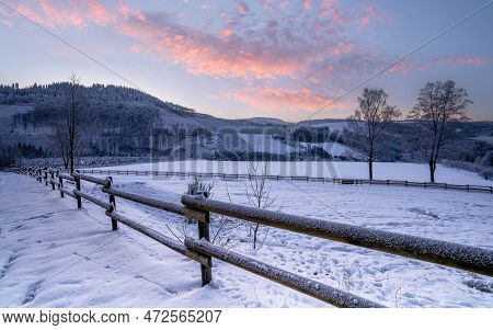 Panoramic Image Of Winter Landscape During Sunrise, Schmallenberg, Sauerland, Germany