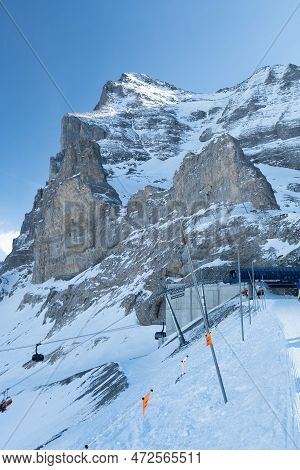 Eigergletscher, Canton Bern, Switzerland, February 11, 2023 Massive Mountain Formation Covered With 