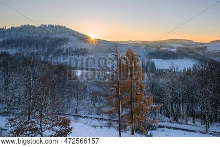 Panoramic Image Of Winter Landscape During Sunrise, Schmallenberg, Sauerland, Germany