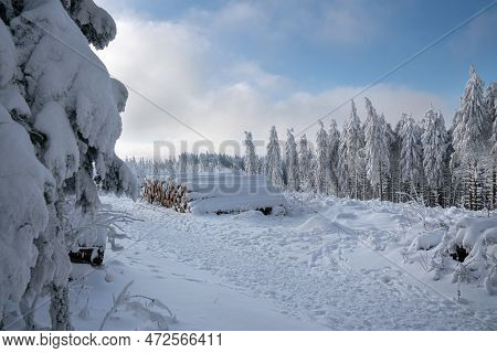 Panoramic Landscape Image Of Kahler Asten During Wintertime, Sauerland, Germany