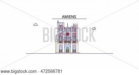 France, Amiens Cathedral Tourism Landmarks, Vector City Travel Illustration