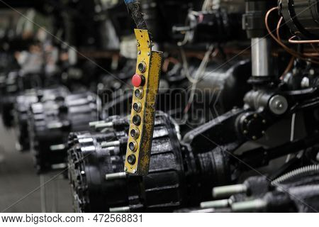 Control Panel With Buttons In Production Of Car Parts And Engines. Concept Of Car Repair Workshop An