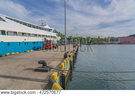 Sorong, Indonesia - February 02, 2023: The Pier At Sorong With A Ship To Waisai