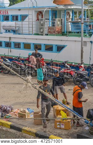 Sorong, Indonesia - February 02, 2023: Passengers At The Pier Of The Ship To Waisai Before The Ship 