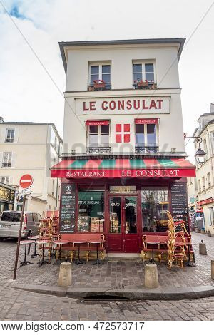 Paris, France - 6 March, 2023: View Of The Consulat In Montmartre.  The Traditional District Is Famo