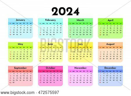 Calendar For 2024 Isolated On A White Background. Sunday To Monday, Business Template. Vector Illust