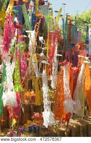 A Pagoda Made Of Sand And Colorful Flags Are Planted At Wat Wang Wiwekaram,sangkhlaburi District , K