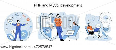 Php And Mysql Development Metaphor. Software Website Developer With Computer, Programmer Service, Op