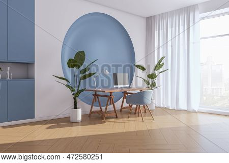 Modern Blue Office Interior With Window, City View And Curtains, Furniture And Equipment, Decorative