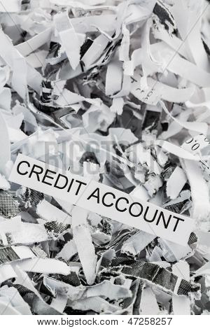 pezzettini di carta contrassegnati credito account, foto simbolica per la distruzione di dati, finanza e credito