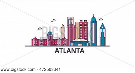 United States, Atlanta City Tourism Landmarks, Vector City Travel Illustration