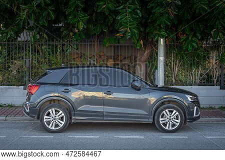 Side, Turkey -february 05, 2023:       Gray  Audi Q2  Is Parked  On The Street On A Warm  Day