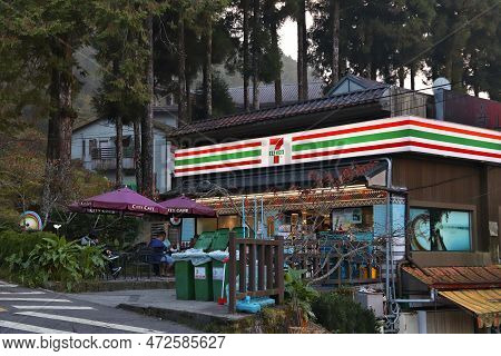 Alishan, Taiwan - December 1, 2018: People Visit The Record High Elevation 7-eleven Convenience Stor