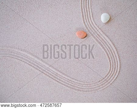 Zen Garden On Sand Background,white Stone Pebble Nature On Beach,buddhism Religion Japanese Stabilit