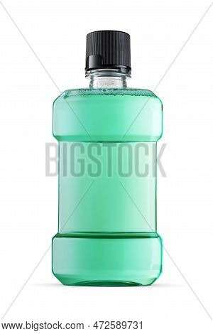 Green Water Mouthwash In Plastic Bottle With Black Cap Isolated On White Background.