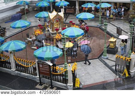 Bangkok, Thailand- 15 Feb, 2023: People Visit To Erawan Shrine To Pray For Luck And Fortune. Erawan 