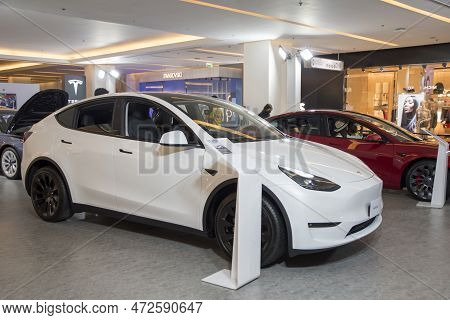 Bangkok, Thailand- 15 Feb, 2023: Tesla Electric Cars Display On The Showroom In The Shopping Mall, B