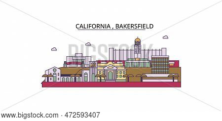United States, Bakersfield Tourism Landmarks, Vector City Travel Illustration