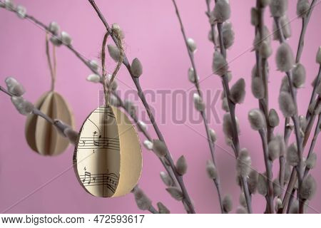 Paper Eggs Hang On Willow Branches For Easter. Diy Crafts Bulky Paper Eggs As A Toy On A Twig. Decor