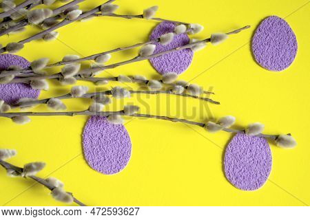 Paper Eggs Hang On Willow Branches For Easter. Diy Crafts Bulky Paper Eggs As A Toy On A Twig. Decor