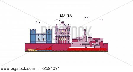 Malta Tourism Landmarks, Vector City Travel Illustration