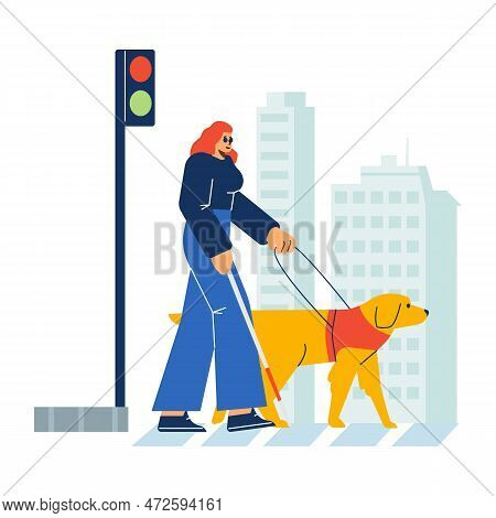 Guide Dog Or Seeing-eye Dog Leading Blind Woman Through The City, Flat Vector Illustration Isolated 