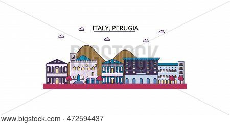Italy, Perugia Tourism Landmarks, Vector City Travel Illustration