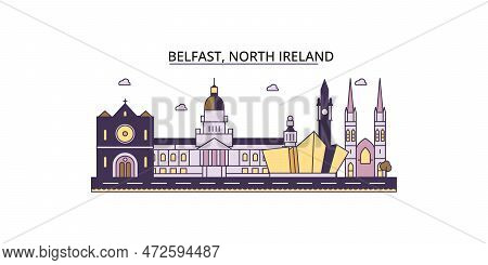 United Kingdom, Belfast Tourism Landmarks, Vector City Travel Illustration