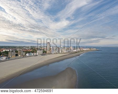 Aerial View With Beach And Cityscape Of Vlissingen. Provinz Zeeland In The Netherlands