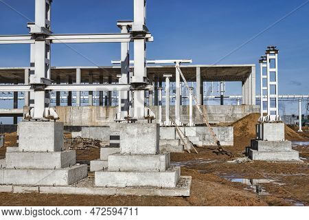 Monolithic Reinforced Concrete Foundation Or Grillage For The Construction Of A Modern Power Plant. 
