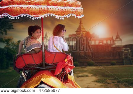 Two Woman Riding On Elephant Walking In Ayutthaya World Heritage Site Of Unesco One Of Most Popular 