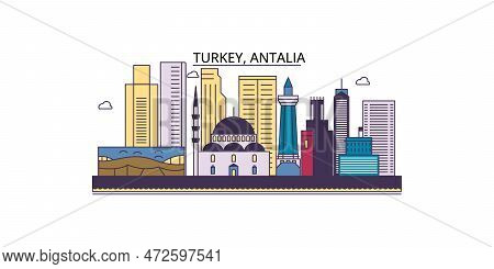 Turkey, Antalia Tourism Landmarks, Vector City Travel Illustration