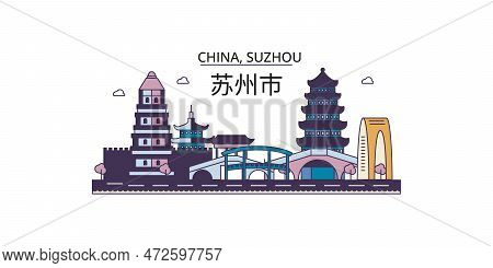 China, Suzhou Tourism Landmarks, Vector City Travel Illustration
