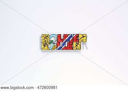 Colourful Pvc Souvenir Fridge Magnet Of Holmenkollen, Norway On White Background. Travel Memory Conc