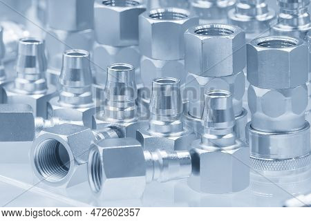 Close Up Scene Quick Release  Coupling Connector Fitting Parts In The Light Blue Scene. The High Pre