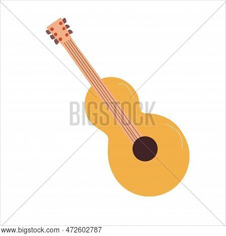 Acoustic Guitar In A Cartoon Style On White Background