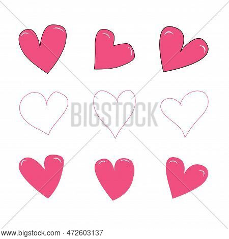 Hearts Set Clipart On White Bacground In A Doodle Cartoon Style