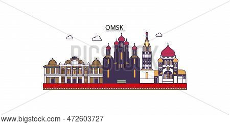 Russia, Omsk Tourism Landmarks, Vector City Travel Illustration