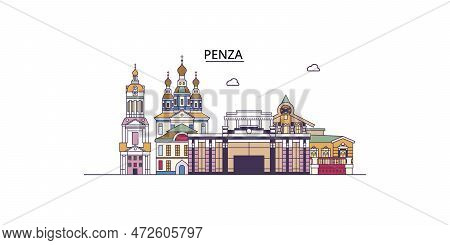 Russia, Penza Tourism Landmarks, Vector City Travel Illustration