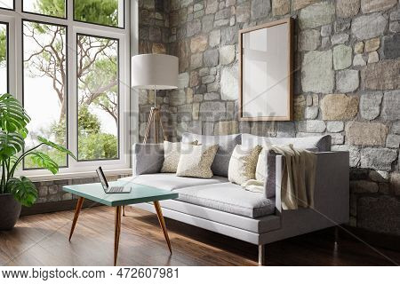 Cozy Living Room Interior In Room Corner; Sunlight Shining Trough Window; Floorlamp And Couch Table 