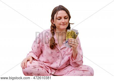 Portrait Of An Adult Woman In Red Pajamas, Isolated On A White Background