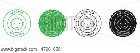 Safety Collection Of Child-related Stamps. Children Safety Green And Black Labels. Non-toxic Materia
