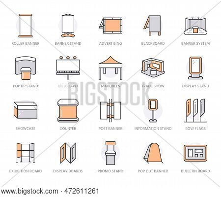 Exhibition Flat Line Icons Set. Trade Show Banner, Display, Expo Booth, Billboard, Promo Stand, Coun