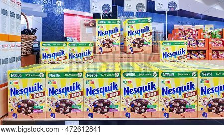 Latvia, Riga, March, 2023: Nesquik Chocolate Breakfast Cereal For Children On Promotional Stand In S