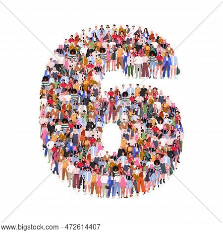 Large Group Of People In Number 6 Six Form. Numbers Made Of People. A Crowd Of Male And Female Chara
