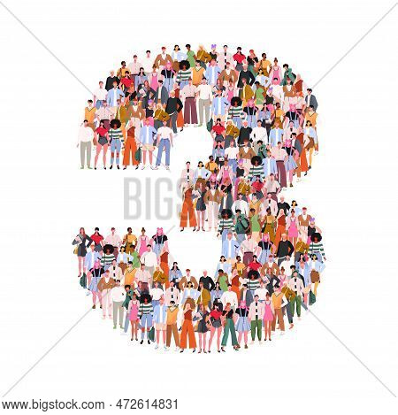 Large Group Of People In Number 3 Three Form. Numbers Made Of People. A Crowd Of Male And Female Cha